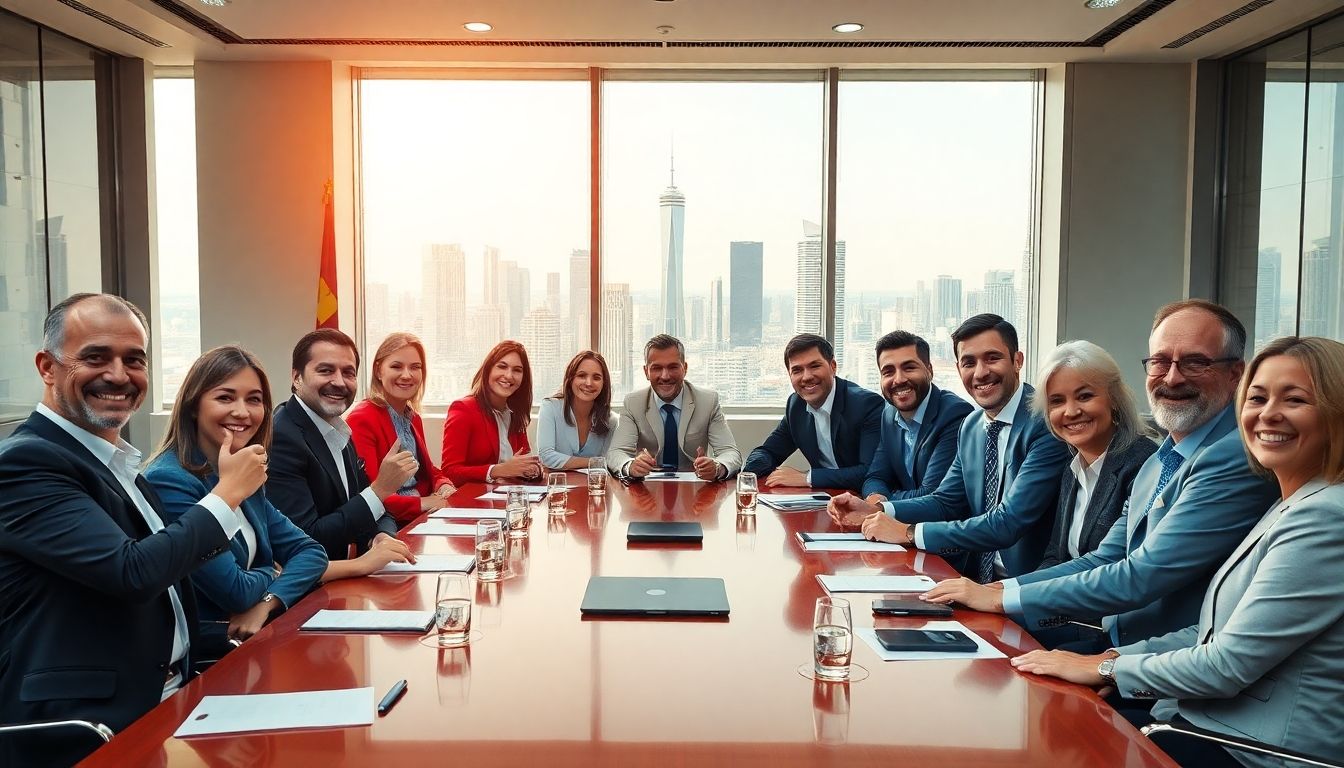 Empresários internacionais apertando mãos em ambiente de negócios global